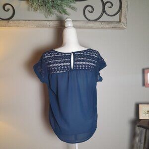 Navy Blue Lace Back Detail Blouse